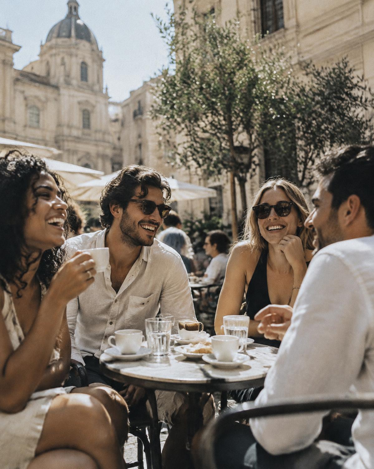 Friends laughing over coffee at a sunny outdoor cafe