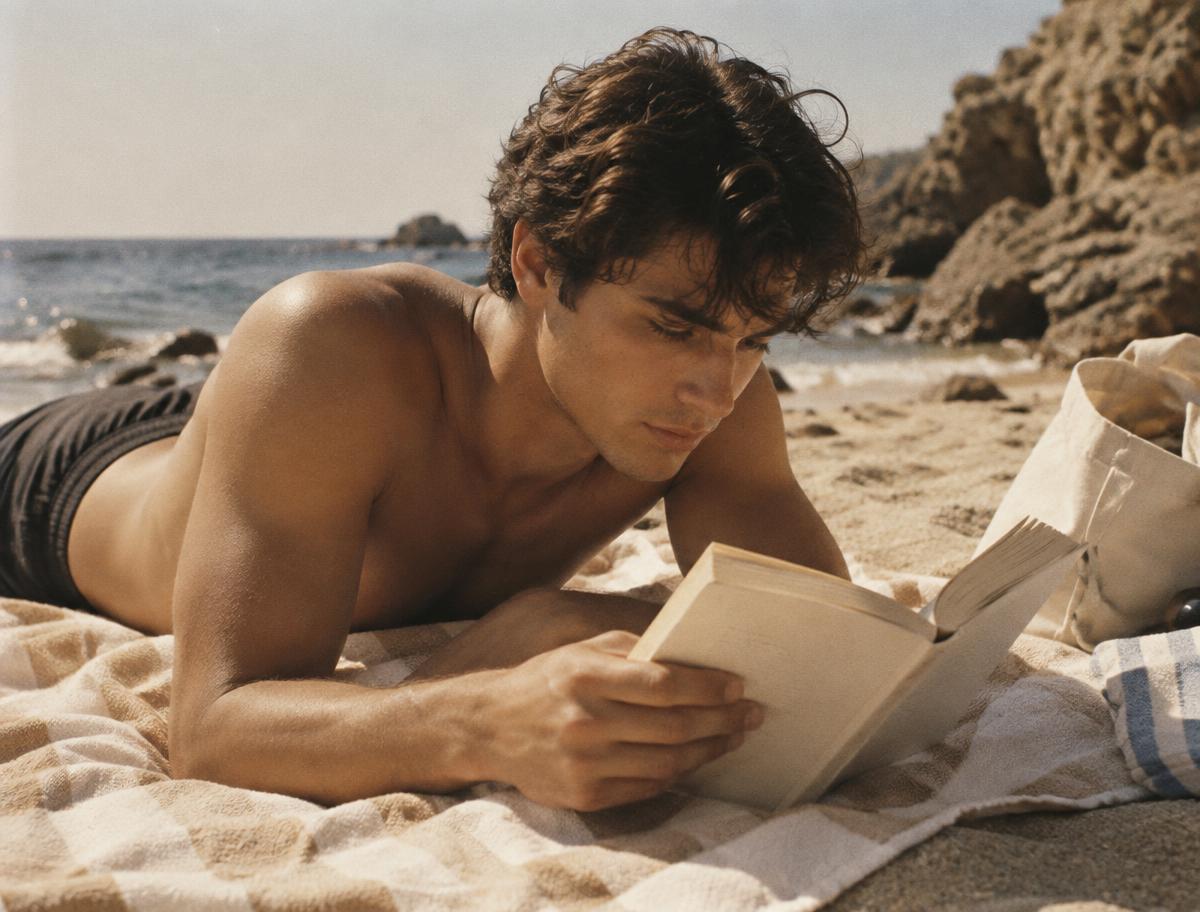 A reader relaxing with a book on a beach towel